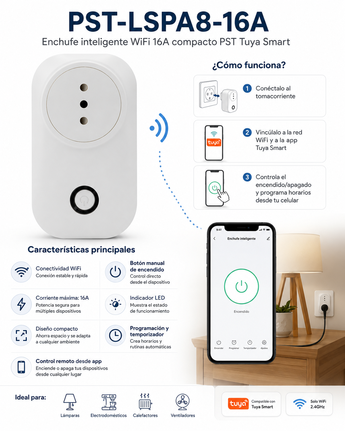 PST-LSPA8-16A- Enchufe inteligente WiFi 16A compacto PST Tuya Smart - Imagen 2
